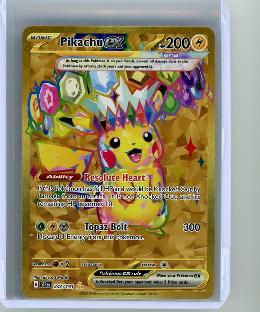 FlipMystic — Pikachu ex Pokemon Surging Sparks Gold Hyper Rare #247/191 – Official Pokemon TCG Product