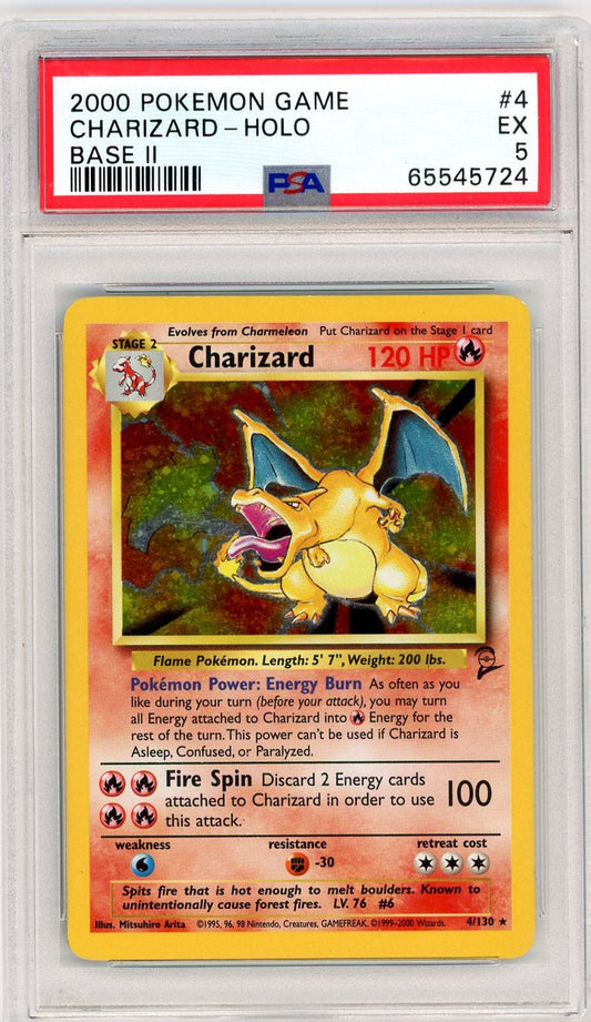 FlipMystic — Charizard 2000 Pokemon Base Set 2 Holo #4/130 PSA 5 – Official Pokemon TCG Product